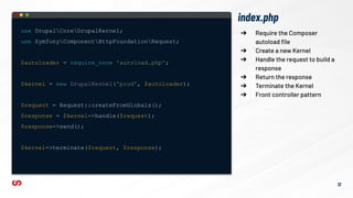 index.php
13
➔ Require the Composer
autoload ﬁle
➔ Create a new Kernel
➔ Handle the request to build a
response
➔ Return the response
➔ Terminate the Kernel
➔ Front controller pattern
use DrupalCoreDrupalKernel;
use SymfonyComponentHttpFoundationRequest;
$autoloader = require_once 'autoload.php';
$kernel = new DrupalKernel('prod', $autoloader);
$request = Request::createFromGlobals();
$response = $kernel->handle($request);
$response->send();
$kernel->terminate($request, $response);
 