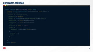 Controller callback
public function page(CityInterface $city): array {
$forecast = $this->weatherClient ->getForecastData( $city->label());
$build['content' ] = [
'#theme' => 'weather_forecast' ,
'#forecast' => $forecast ,
'#units' => $this->config( 'weather.settings' )->get('units'),
'#description' => $city->getDescription(),
'#coordinates' => $city->getCoordinates(),
'#cache' => [
'max-age' => 10800, // 3 hours.
'tags' => [
'forecast:' . strtolower( $city->label()),
],
'contexts' => [
'url',
],
],
];
return $build;
}
27
 