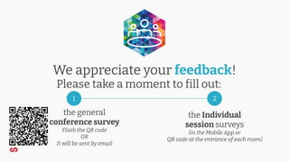 We appreciate your feedback!
Please take a moment to fill out:
the Individual
session surveys
(in the Mobile App or
QR code at the entrance of each room)
1 2
the general
conference survey
Flash the QR code
OR
It will be sent by email
 