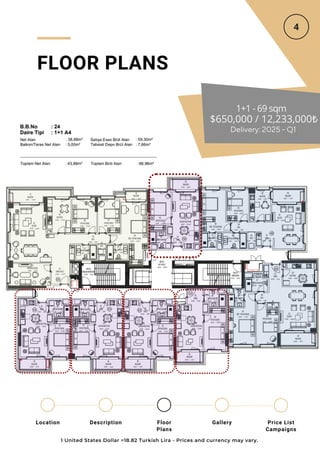 FLOOR PLANS
1+1 - 69 sqm
$650,000 / 12,233,000₺
Delivery: 2025 - Q1
1 United States Dollar =18.82 Turkish Lira - Prices an...