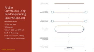 PacBio
Continuous Long
Read Sequencing
(aka PacBio CLR)
Optimized for length
25-50kb long reads
90% accuracy
Yields of ~125Gb+ per SMRT cell
Need ~50-90x coverage
Needs error correction, polishing
1-2 SMRT cells per human sample
14
Pacific Biosciences
 