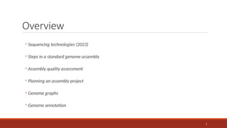 2
Overview
◦ Sequencing technologies (2023)
◦ Steps in a standard genome assembly
◦ Assembly quality assessment
◦ Planning an assembly project
◦ Genome graphs
◦ Genome annotation
 