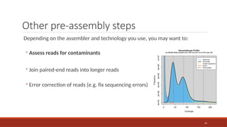 29
Other pre-assembly steps
Depending on the assembler and technology you use, you may want to:
◦ Assess reads for contaminants
◦ Join paired-end reads into longer reads
◦ Error correction of reads (e.g. fix sequencing errors)
 