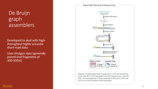 42
De Bruijn
graph
assemblers
Developed to deal with high-
throughput highly accurate
short-read data
Uses shotgun data (generally
paired-end fragments of
300-500nt)
Illumina
 
