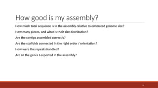 79
How good is my assembly?
How much total sequence is in the assembly relative to estimated genome size?
How many pieces, and what is their size distribution?
Are the contigs assembled correctly?
Are the scaffolds connected in the right order / orientation?
How were the repeats handled?
Are all the genes I expected in the assembly?
 