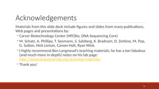 93
Acknowledgements
Materials from this slide deck include figures and slides from many publications,
Web pages and presentations by:
◦ Carver Biotechnology Center (HPCBio, DNA Sequencing Core)
◦ M. Schatz, A. Phillipy, T. Seemann, S. Salzberg, K. Bradnam, D. Zerbino, M. Pop,
G. Sutton, Nick Loman, Carson Holt, Ryan Wick.
◦ I highly recommend Ben Langmead’s teaching materials; he has a ton fabulous
(and much more in-depth) notes on his lab page:
http://www.langmead-lab.org/teaching-materials/
◦ Thank you!
 