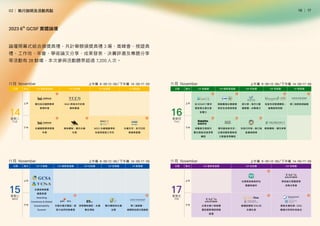 │
16     17
論壇開幕式結合頒獎典禮，共計舉辦頒獎典禮 3 場、高峰會、授證典
禮、工作坊、年會、學術論文分享、成果發表、決賽評選及專題分享
等活動有 28 餘場，本次參與活動聽眾超過 7,200 人次。
11月 November 上午場 9：00-12：00／下午場 14：00-17：00
11月 November 上午場 9：00-12：00／下午場 14：00-17：00
11月 November 上午場 9：00-12：00／下午場 14：00-17：00
11月 November 上午場 9：00-12：00／下午場 14：00-17：00
2023 6th
GCSF 實體論壇
02│ 執行說明及活動亮點
 