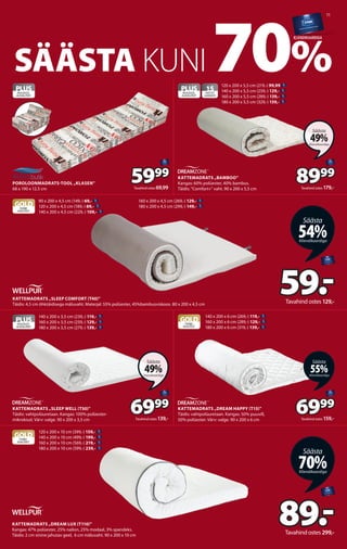 11
SÄÄSTA KUNI 70%
KLIENDIKAARDIGA
PLUS
MUGAVUS
JAKVALITEET
POROLOONMADRATS-TOOL „KLASEN”
68 x 190 x 12,5 cm
59
5999
99
Ta...