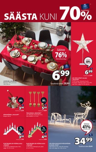 3
SÄÄSTA KUNI 70%
KLIENDIKAARDIGA
LED-JÕULUTÄHT JALAGA
„GULDTOP”
10 LED-lampi. Patareid ei kuulu
komplekti. Materjal: pabe...