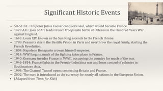 Significant Historic Events
• 58-51 B.C.: Emperor Julius Caesar conquers Gaul, which would become France.
• 1429 A.D.: Joan of Arc leads French troops into battle at Orléans in the Hundred Years War
against England.
• 1643: Louis XIV, known as the Sun King ascends to the French throne.
• 1789: Peasants storm the Bastille Prison in Paris and overthrow the royal family, starting the
French Revolution.
• 1804: Napoleon Bonaparte crowns himself emperor.
• 1914: WWI begins, much of the fighting takes place in France.
• 1940: Germany invades France in WWII, occupying the country for much of the war.
• 1946-1954: France fights in the French-Indochina war and loses control of colonies in
Southeastern Asia.
• 1994: The Channel Tunnel opens connecting Britain and France.
• 2002: The euro is introduced as the currency for nearly all nations in the European Union.
• (Adapted from Time: for Kids)
 