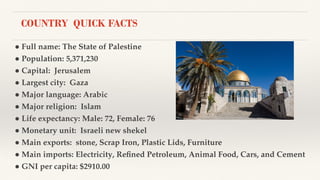 ● Full name: The State of Palestine
● Population: 5,371,230
● Capital: Jerusalem
● Largest city: Gaza
● Major language: Arabic
● Major religion: Islam
● Life expectancy: Male: 72, Female: 76
● Monetary unit: Israeli new shekel
● Main exports: stone, Scrap Iron, Plastic Lids, Furniture
● Main imports: Electricity, Reﬁned Petroleum, Animal Food, Cars, and Cement
● GNI per capita: $2910.00
COUNTRY QUICK FACTS
 
