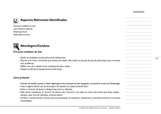 A Saúde de Adolescentes e Jovens - módulo básico
123
anotações
	 Aspectos Relevantes Identificados
Precárias condições de vida
Cárie dentária profunda
Respiração bucal
Absenteísmo escolar
	 Abordagem/Conduta
Precárias condições de vida
– Avaliar as condições socioeconômicas da adolescente;
– Discutir com Carla e sua família seus direitos de cidadã, informando os serviços de que ela pode dispor para minimizar
seus problemas;
– Refletir com ela a relação entre condições de vida e saúde;
– Mapear as ofertas de equipamentos sociais locais.
Cárie profunda
– Orientar, de imediato, quanto à melhor higienização oral e prevenção de cárie e gengivite, e encaminhar ao setor de Odontologia;
– Fazer a higiene dental (uso de escovação e fio dental) com pasta contendo flúor;
– Evitar o consumo de doces e refrigerantes entre as refeições;
– Não colocar substâncias no “buraco” do dente e não “futucá-lo” com palito ou outro instrumento que atinja a polpa 	
dentária, pelo risco de infecções, inclusive tétano;
– Verificar o cartão vacinal e orientar para sua atualização, se necessário, ressaltando a importância de levá-lo à consulta
odontológica.
 