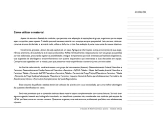 A Saúde de Adolescentes e Jovens - módulo básico
17
anotações
Como utilizar o material
	 Apesar da estrutura flexível dos módulos, que permite uma adaptação às aspirações do grupo, sugerimos que as etapas
sejam cumpridas, passo a passo. O ideal é que você use esse material com a equipe sempre que possível. Leia, escreva, rabisque,
construa árvores de decisão, e, acima de tudo, utilize-o de forma crítica. Sua avaliação é parte importante de nossos objetivos.
	 Inicialmente, proceda à leitura de cada capítulo de um caso. Agregue às informações outras provenientes de suas expe-
riências anteriores, de suas leituras e de casos já discutidos. Reflita individualmente e depois discuta com seu grupo as questões
por nós elaboradas, procurando esgotar as possibilidades. A seguir é importante que você sintetize suas hipóteses diagnósticas,
suas sugestões de abordagem e encaminhamentos num quadro esquemático que sistematize as suas discussões em equipe.
Compare suas sugestões com as nossas, para que possamos trocar experiências e construir juntos um novo saber.
Ao final de cada módulo, você terá acesso a um grupo de instrumentos (Anexos): Desenvolvimento Puberal Masculino e
Feminino; Desenvolvimento Pondo-Estaturtal Masculino e Feminino – NCHS; Tabela – Níveis de Pressão Arterial Masculino e
Feminino; Tabela – Percentis de IMC Masculino e Feminino; Tabela – Percentis de Prega Triciptal Masculino e Feminino; Tabela
– Percentis de Prega Cutânea Subscapular Masculino e Feminino; Esquema Vacinal de Rotina para Adolescentes; Formulário de
Atendimento Clínico; e Formulário Complementar de Saúde Reprodutiva.
Esse conjunto de gráficos e tabelas deverá ser utilizado de acordo com a sua necessidade, para uma melhor abordagem
das questões identificadas nos casos.
Será mais proveitoso que os conteúdos teóricos desse material sejam complementados com outras leituras. Se você tiver
alguma sugestão baseada em bibliografia consultada, ou identificado questões não consideradas nos módulos pela equipe do
NESA, por favor entre em contato conosco. Queremos organizar uma rede entre os profissionais que lidam com adolescentes
e jovens.
 