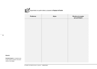 20
A Saúde de Adolescentes e Jovens – módulo básico
Esquematize no quadro abaixo a proposta da Equipe de Saúde
Problemas Ações Membros da equipe
que participam
Glossário
Identidade de gênero – diz respeito ao sexo
no qual o sujeito se reconhece, não necessa-
riamente o sexo biológico.
 