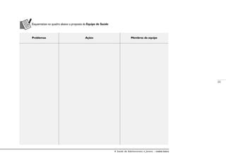 23
A Saúde de Adolescentes e Jovens – módulo básico
Esquematize no quadro abaixo a proposta da Equipe de Saúde
Problemas Ações Membros da equipe
 