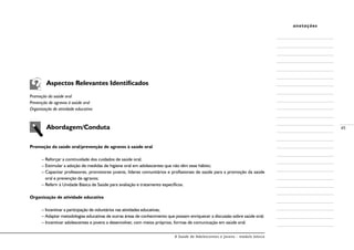 A Saúde de Adolescentes e Jovens - módulo básico
45
anotações
Aspectos Relevantes Identificados
Promoção da saúde oral
Prevenção de agravos à saúde oral
Organização de atividade educativa
Abordagem/Conduta
Promoção da saúde oral/prevenção de agravos à saúde oral
– Reforçar a continuidade dos cuidados de saúde oral;
– Estimular a adoção de medidas de higiene oral em adolescentes que não têm esse hábito;
– Capacitar professores, promotores juvenis, líderes comunitários e profissionais de saúde para a promoção da saúde
oral e prevenção de agravos;
– Referir à Unidade Básica de Saúde para avaliação e tratamento específicos.
Organização de atividade educativa
– Incentivar a participação de voluntários nas atividades educativas;
– Adaptar metodologias educativas de outras áreas de conhecimento que possam enriquecer a discussão sobre saúde oral;
– Incentivar adolescentes e jovens a desenvolver, com meios próprios, formas de comunicação em saúde oral.
 