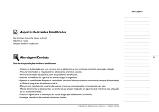 A Saúde de Adolescentes e Jovens - módulo básico
83
anotações
	 Aspectos Relevantes Identificados
Uso de drogas (maconha, tabaco e álcool)
Repetência escolar
Relações familiares conflituosas
	 Abordagem/Conduta
Uso de drogas/relações familiares conflituosas
– Colocar-se à disposição para uma conversa com o adolescente e com os demais envolvidos na situação relatada;
– Procurar intermediar as relações entre o adolescente, a família e a escola;
– Promover atividades educativas a partir dos problemas identificados;
– Abordar os malefícios do cigarro e das demais drogas no organismo;
– Apontar as possibilidades de apoio na comunidade, tais como lideranças juvenis e comunitárias, serviços de capacitação
profissional, programas de ajuda comunitária;
– Discutir com o adolescente e sua família quais os programas mais adequados e interessantes para eles;
– Manter atendimento ao adolescente e sua família até que estejam integrados em algum local de referência mais adequado
ao seu acompanhamento;
– Discutir o significado e as motivações do uso de drogas pelo adolescente e sua família;
– Investigar a existência de possíveis transtornos mentais.
 
