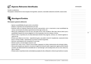 A Saúde de Adolescentes e Jovens - módulo básico
91
anotações	 Aspectos Relevantes Identificados
Gravidez na adolescência
Preocupações e dúvidas frente às novas situações de vida (gravidez, casamento, maternidade, afastamento da família, evasão escolar)
	 Abordagem/Conduta
Orientações à gestante adolescente
– Apontar as possibilidades de apoio social e comunitário;
– Enfatizar a importância do acompanhamento pré-natal;
– Esclarecer sobre as mudanças corporais que ocorrem neste período, como o crescimento e maior sensibilidade das
mamas, escurecimento de aréolas, aparecimento da linha nigra, estrias, etc;
– Alertar para modificações do ritmo do sono, pois pode ocorrer maior sonolência. Além disso, deve-se alertar para a
possibilidade freqüente de sintomas digestivos no início da gravidez, tais como náuseas e vômitos;
– Orientar sobre a importância de uma dieta balanceada incluindo frutas, legumes, verduras, etc. evitando ingestão ex-
cessiva de sal;
–	Orientar para afastar-se de animais – especialmente gatos, que podem transmitir toxoplasmose, ocasionando danos
físicos e mentais ao bebê – especialmente no primeiro trimestre da gravidez;
– Estimular a participação de seu companheiro no pré-natal;
– Orientar quanto a uma boa higiene corporal e oral;
– Orientar para evitar o fumo, o álcool e outras drogas na gestação e só utilizar medicamentos sob orientação médica;
– Alertar para situações que requerem uma procura urgente do serviço de saúde: sangramento vaginal, perda de líquido
amniótico, dor abdominal de forte intensidade (dor no “pé da barriga”), dor de cabeça severa, dor ao urinar, visão turva,
febre e calafrios;
– Orientar sobre a importância de dar continuidade aos projetos de vida, enfatizando o direito de permanência na escola.
 