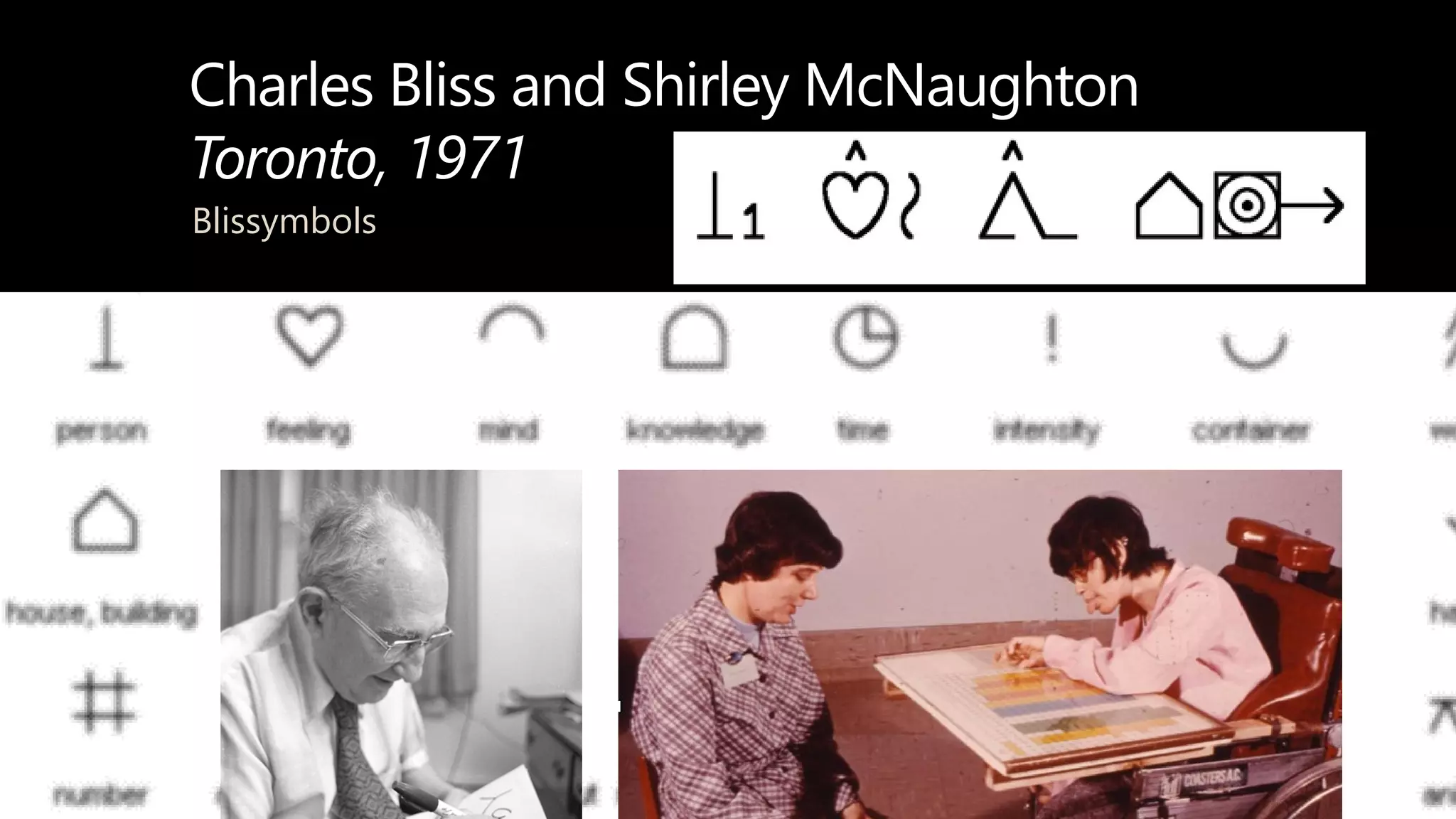 Charles Bliss and Shirley McNaughton
Toronto, 1971
Blissymbols
davidberman.com
 