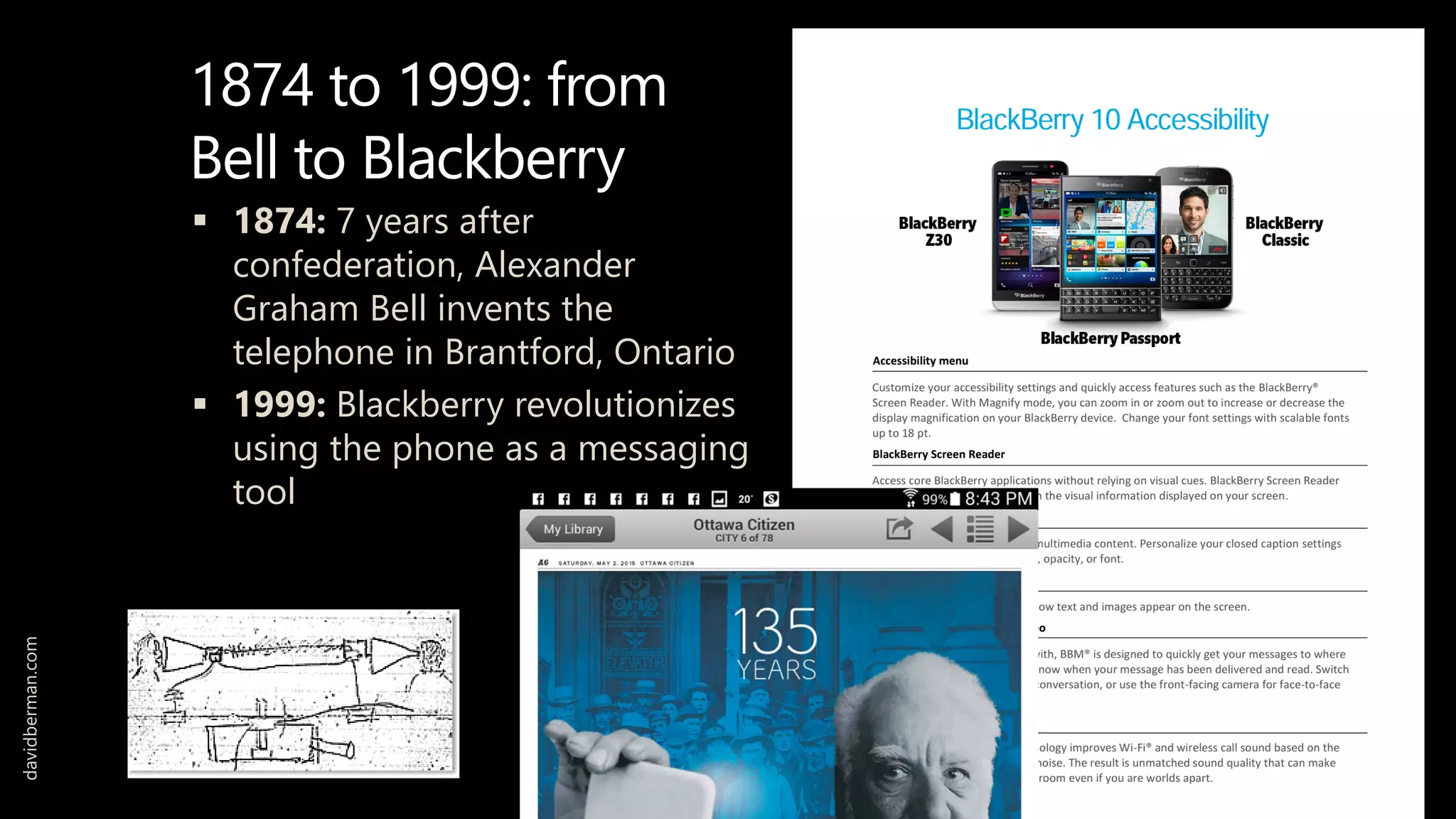 1874 to 1999: from
Bell to Blackberry
 1874: 7 years after
confederation, Alexander
Graham Bell invents the
telephone in Brantford, Ontario
 1999: Blackberry revolutionizes
using the phone as a messaging
tool
davidberman.com
 
