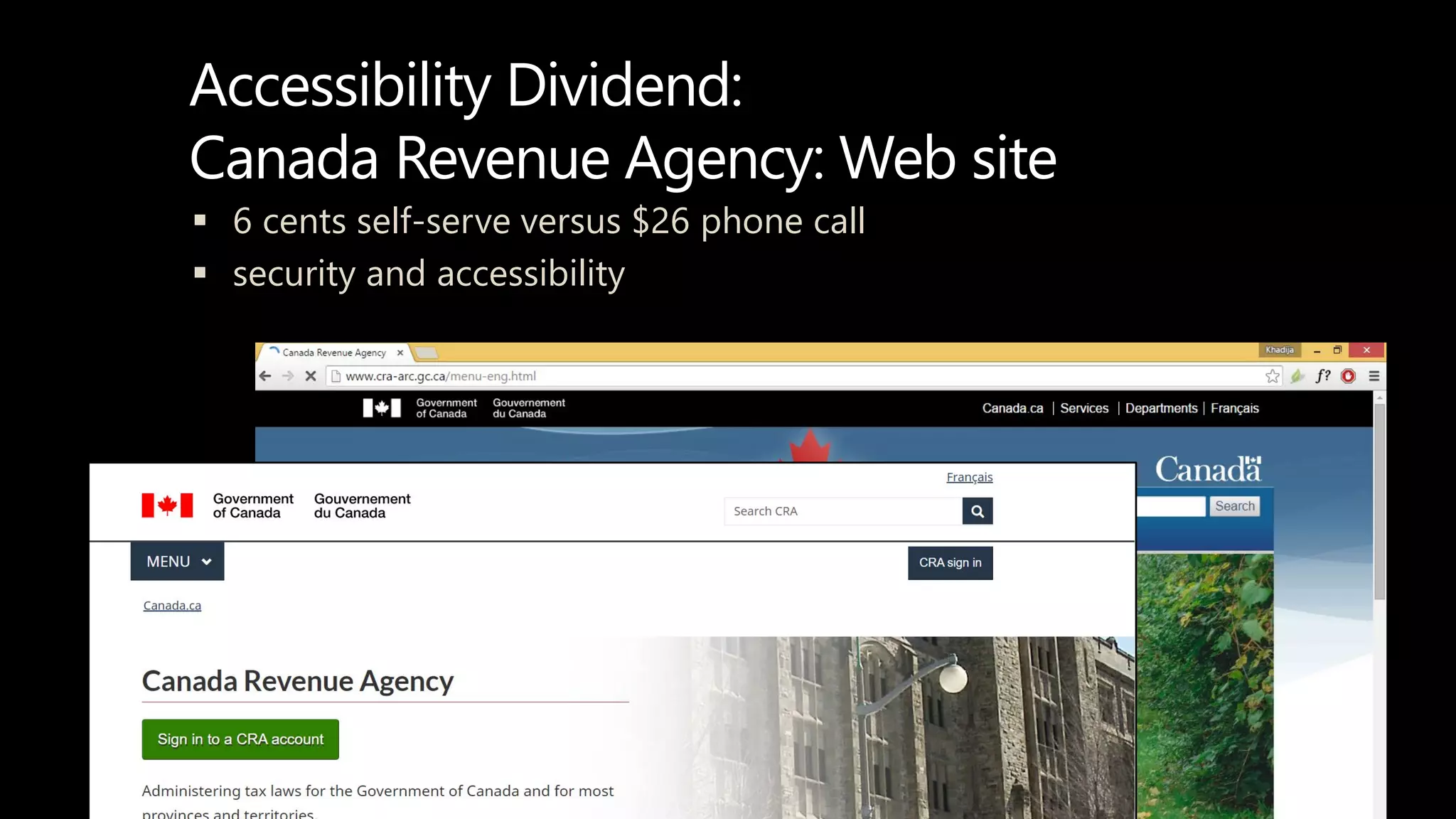 Accessibility Dividend:
Canada Revenue Agency: Web site
 6 cents self-serve versus $26 phone call
 security and accessibility
 