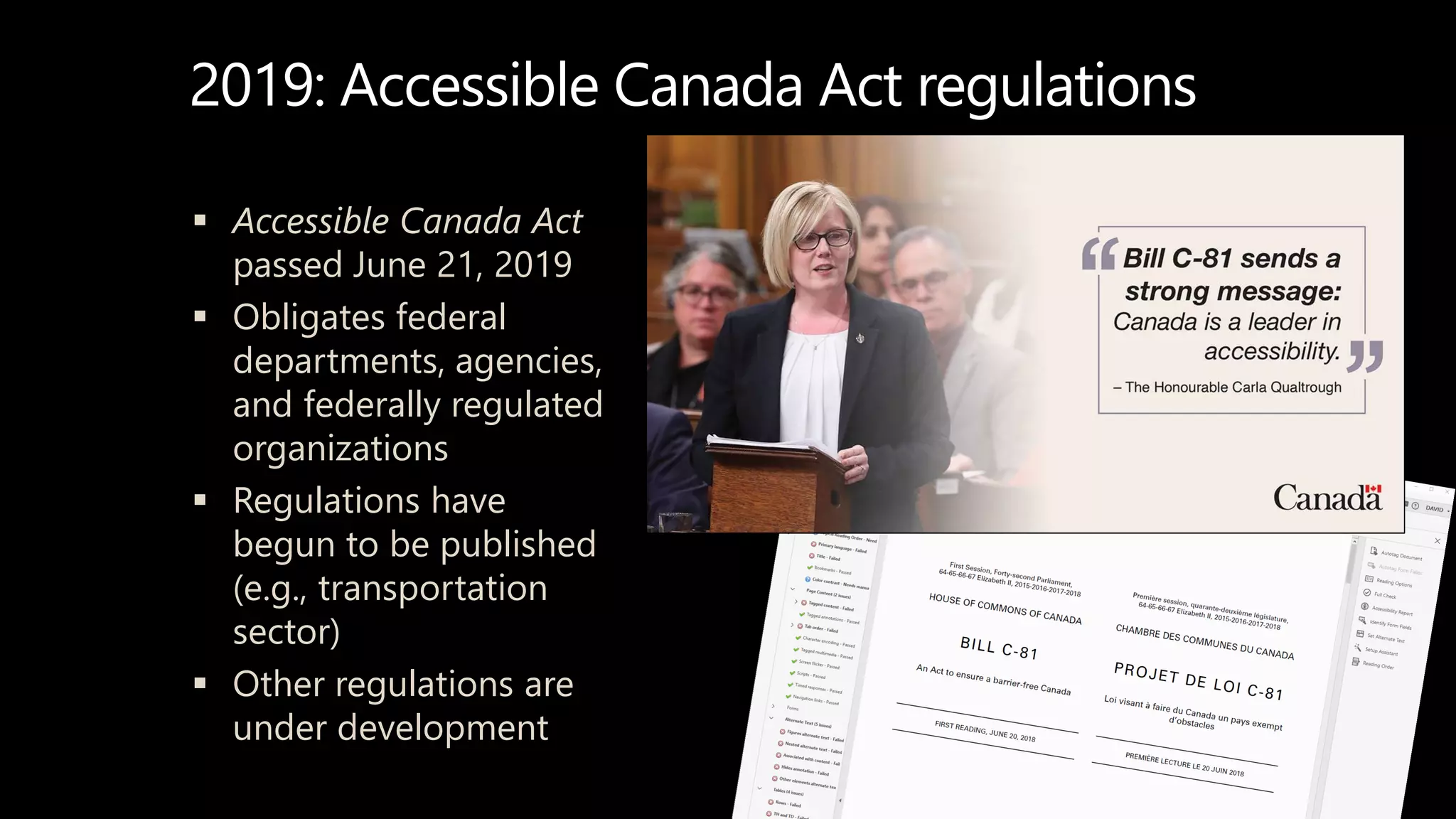 2019: Accessible Canada Act regulations
 Accessible Canada Act
passed June 21, 2019
 Obligates federal
departments, agencies,
and federally regulated
organizations
 Regulations have
begun to be published
(e.g., transportation
sector)
 Other regulations are
under development
 