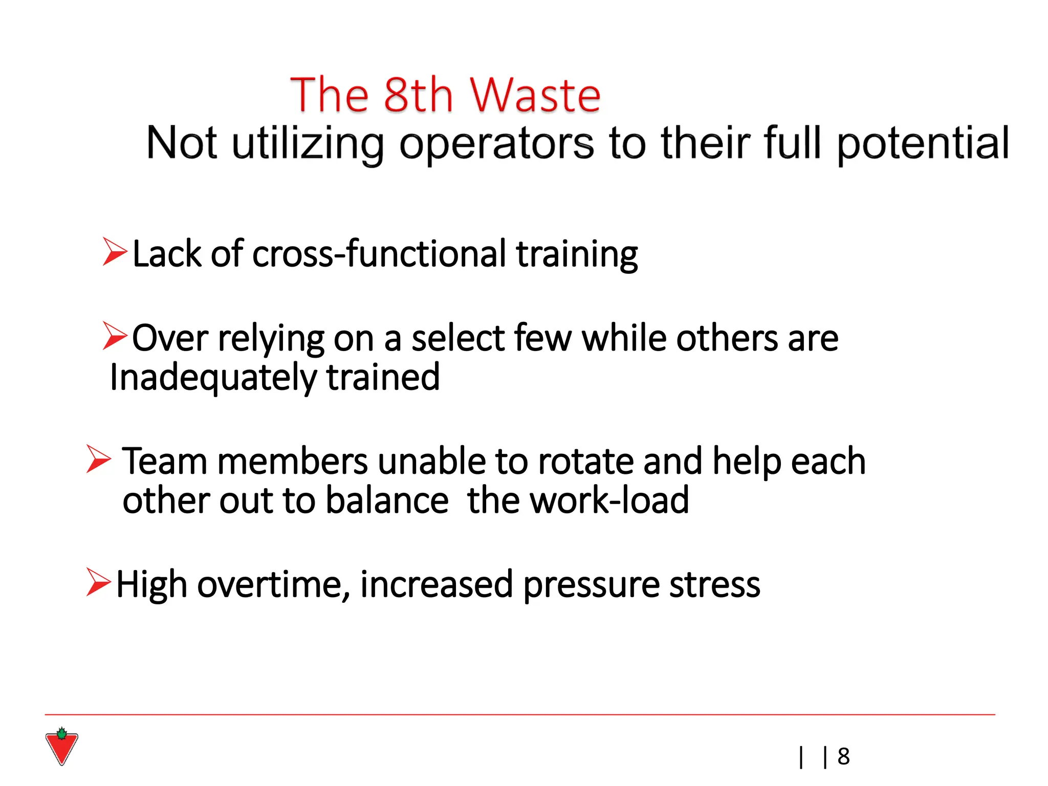 | | 8
➢Lack of cross-functional training
➢Over relying on a select few while others are
Inadequately trained
➢ Team members unable to rotate and help each
other out to balance the work-load
➢High overtime, increased pressure stress
 