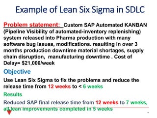 Example of Lean Six Sigma in SDLC
Problem statement: Custom SAP Automated KANBAN
(Pipeline Visibility of automated-inventory replenishing)
system released into Pharma production with many
software bug issues, modifications. resulting in over 3
months production downtime material shortages, supply
chain disruption, manufacturing downtime . Cost of
Delay= $21,000/week
Objective
Use Lean Six Sigma to fix the problems and reduce the
release time from 12 weeks to < 6 weeks
Results
Reduced SAP final release time from 12 weeks to 7 weeks,
all lean improvements completed in 5 weeks 24
 