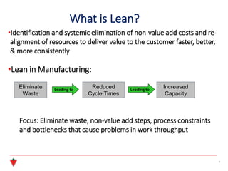 What is Lean?
•Identification and systemic elimination of non-value add costs and re-
alignment of resources to deliver value to the customer faster, better,
& more consistently
•Lean in Manufacturing:
Focus: Eliminate waste, non-value add steps, process constraints
and bottlenecks that cause problems in work throughput
4
Leading to Leading to
Eliminate
Waste
Reduced
Cycle Times
Increased
Capacity
 