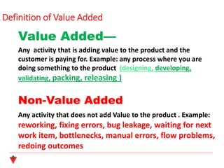 Definition of Value Added
Value Added—
Any activity that is adding value to the product and the
customer is paying for. Example: any process where you are
doing something to the product (designing, developing,
validating, packing, releasing )
Non-Value Added
Any activity that does not add Value to the product . Example:
reworking, fixing errors, bug leakage, waiting for next
work item, bottlenecks, manual errors, flow problems,
redoing outcomes
 