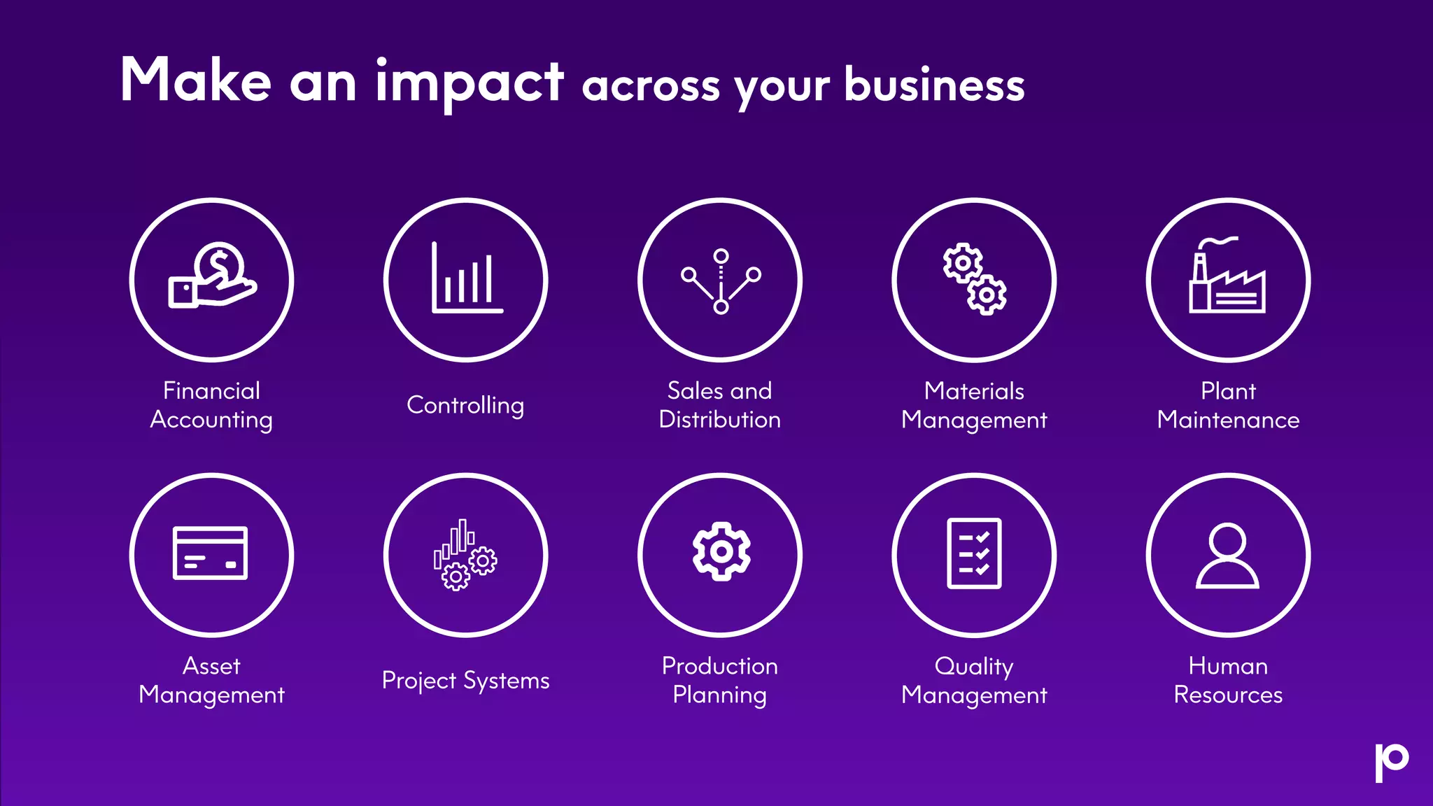 Make an impact across your business
Financial
Accounting
Controlling
Sales and
Distribution
Materials
Management
Plant
Maintenance
Asset
Management
Project Systems
Production
Planning
Quality
Management
Human
Resources
 