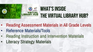 What’s inside
the virtual library hub?
• Reading Assessment Materials in All Grade Levels
• Reference Materials/Tools
• Reading Instruction and Intervention Materials
• Literacy Strategy Materials
 