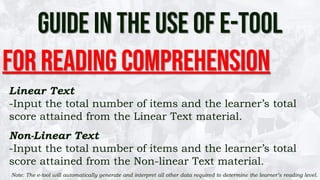 GUIDE IN THE USE OF E-TOOL
For READING COMPREHENSION
Linear Text
-Input the total number of items and the learner’s total
score attained from the Linear Text material.
Non-Linear Text
-Input the total number of items and the learner’s total
score attained from the Non-linear Text material.
Note: The e-tool will automatically generate and interpret all other data required to determine the learner’s reading level.
 