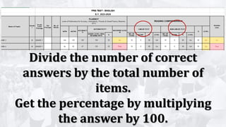 Divide the number of correct
answers by the total number of
items.
Get the percentage by multiplying
the answer by 100.
 