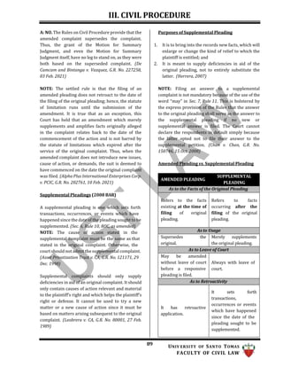 III. CIVIL PROCEDURE
89 UNIV ERSITY OF SANTO TOMAS
FACULTY OF CIVIL LAW
A: NO. The Rules on Civil Procedure provide that the
amended complaint supersedes the complaint.
Thus, the grant of the Motion for Summary
Judgment, and even the Motion for Summary
Judgment itself, have no leg to stand on, as they were
both based on the superseded complaint. (De
Camcam and Bintanga v. Vazquez, G.R. No. 227258,
03 Feb. 2021)
NOTE: The settled rule is that the filing of an
amended pleading does not retroact to the date of
the filing of the original pleading; hence, the statute
of limitation runs until the submission of the
amendment. It is true that as an exception, this
Court has held that an amendment which merely
supplements and amplifies facts originally alleged
in the complaint relates back to the date of the
commencement of the action and is not barred by
the statute of limitations which expired after the
service of the original complaint. Thus, when the
amended complaint does not introduce new issues,
cause of action, or demands, the suit is deemed to
have commenced on the date the original complaint
was filed. (Alpha Plus International Enterprises Corp.
v. PCIC, G.R. No. 202761, 10 Feb. 2021)
Supplemental Pleadings (2008 BAR)
A supplemental pleading is one which sets forth
transactions, occurrences, or events which have
happened since the date of the pleading sought to be
supplemented. (Sec. 6, Rule 10, ROC, as amended)
NOTE: The cause of action stated in the
supplemental complaint must be the same as that
stated in the original complaint. Otherwise, the
court should not admit the supplemental complaint.
(Asset Privatization Trust v. CA, G.R. No. 121171, 29
Dec. 1998)
Supplemental complaints should only supply
deficiencies in aid of an original complaint. It should
only contain causes of action relevant and material
to the plaintiff’s right and which helps the plaintiff’s
right or defense. It cannot be used to try a new
matter or a new cause of action since it must be
based on matters arising subsequent to the original
complaint. (Leobrera v. CA, G.R. No. 80001, 27 Feb.
1989)
Purposes of Supplemental Pleading
1. It is to bring into the records new facts, which will
enlarge or change the kind of relief to which the
plaintiff is entitled; and
2. It is meant to supply deficiencies in aid of the
original pleading, not to entirely substitute the
latter. (Herrera, 2007)
NOTE: Filing an answer to a supplemental
complaint is not mandatory because of the use of the
word “may” in Sec. 7, Rule 11. This is bolstered by
the express provision of the Rules that the answer
to the original pleading shall serve as the answer to
the supplemental pleading if no new or
supplemental answer is filed. The Court cannot
declare the respondents in default simply because
the latter opted not to file their answer to the
supplemental petition. (Chan v. Chan, G.R. No.
150746, 15 Oct. 2008)
Amended Pleading vs. Supplemental Pleading
AMENDED PLEADING
SUPPLEMENTAL
PLEADING
As to the Facts of the Original Pleading
Refers to the facts
existing at the time of
filing of original
pleading.
Refers to facts
occurring after the
filing of the original
pleading.
As to Usage
Supersedes the
original.
Merely supplements
the original pleading.
As to Leave of Court
May be amended
without leave of court
before a responsive
pleading is filed.
Always with leave of
court.
As to Retroactivity
It has retroactive
application.
It sets forth
transactions,
occurrences or events
which have happened
since the date of the
pleading sought to be
supplemented.
 