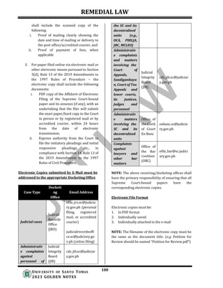 REMEDIAL LAW
100
UNIV ERSITY OF SANTO TOMAS
2023 GOLDEN NOTES
shall include the scanned copy of the
following:
i. Proof of mailing clearly showing the
date and time of mailing or delivery to
the post office/accredited courier, and
ii. Proof of payment of fees, when
applicable
3. For paper filed online via electronic mail or
other electronic means pursuant to Section
3(d), Rule 13 of the 2019 Amendments to
the 1997 Rules of Procedure – the
electronic copy shall include the following
documents:
i. PDF copy of the Affidavit of Electronic
Filing of the Supreme Court-bound
paper and its annexes (if any), with an
undertaking that the filer will submit
the exact paper/hard copy to the Court
in person or by registered mail or by
accredited courier, within 24 hours
from the date of electronic
transmission;
ii. Express authority from the Court to
file the initiatory pleadings and initial
responsive pleadings, etc., in
compliance with Section 14, Rule 13 of
the 2019 Amendments to the 1997
Rules of Civil Procedure.
Electronic Copies submitted by E-Mail must be
addressed to the appropriate Docketing Office
NOTE: The above receiving/docketing offices shall
have the primary responsibility of ensuring that all
Supreme Court-bound papers have the
corresponding electronic copies.
Electronic File Format
Electronic copies must be:
1. In PDF format
2. Individually saved
3. Individually attached to the e-mail
NOTE: The filename of the electronic copy must be
the same as the document title. (e.g. Petition for
Review should be named “Petition for Review.pdf”)
the SC and its
decentralized
units (e.g.,
OCA, PHILJA,
JBC, MCLEO)
Administrativ
e complaints
and matters
involving the
Court of
Appeals,
Sandiganbaya
n, Court of Tax
Appeals and
lower courts,
its justices,
judges and
personnel
Judicial
Integrity
Board
(JIB)
cds_jib.sc@judiciar
y.gov.ph
Administrativ
e matters
involving the
SC and its
decentralized
units
Office of
the Clerk
of Court
En Banc
enbanc.sc@judicia
ry.gov.ph
Complaints
against
lawyers and
other bar
matters
Office of
the Bar
Confidant
(OBC)
efile_bar@sc.judici
ary.gov.ph
Case Type
Docketi
ng
Office
Email Address
Judicial cases
Judicial
Records
Office
(JRO)
efile_jro.sc@judicia
ry.gov.ph (personal
filing, registered
mail, or accredited
courier)
judicialrecordsoffi
ce.sc@judiciary.go
v.ph (online filing)
Administrativ Judicial
e complaints Integrity cds_jib.sc@judiciar
against Board y.gov.ph
personnel of (JIB)
 