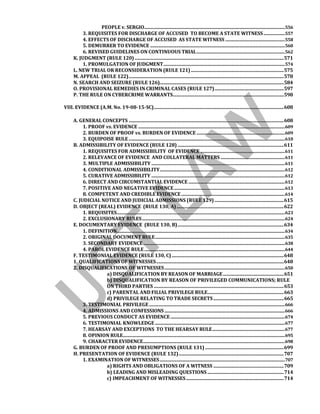 PEOPLE v. SERGIO......................................................................................................................556
3. REQUISITES FOR DISCHARGE OF ACCUSED TO BECOME A STATE WITNESS..................557
4. EFFECTS OF DISCHARGE OF ACCUSED AS STATE WITNESS ..................................................558
5. DEMURRER TO EVIDENCE .................................................................................................................560
6. REVISED GUIDELINES ON CONTINUOUS TRIAL..........................................................................562
K. JUDGMENT (RULE 120).............................................................................................................................571
1. PROMULGATION OF JUDGMENT......................................................................................................574
L. NEW TRIAL OR RECONSIDERATION (RULE 121)..............................................................................575
M. APPEAL (RULE 122)..................................................................................................................................578
N. SEARCH AND SEIZURE (RULE 126)........................................................................................................584
O. PROVISIONAL REMEDIES IN CRIMINAL CASES (RULE 127)..........................................................597
P. THE RULE ON CYBERCRIME WARRANTS.............................................................................................598
VIII. EVIDENCE (A.M. No. 19-08-15-SC).............................................................................................................608
A. GENERAL CONCEPTS ..................................................................................................................................608
1. PROOF vs. EVIDENCE ...........................................................................................................................609
2. BURDEN OF PROOF vs. BURDEN OF EVIDENCE ..........................................................................609
3. EQUIPOISE RULE ...................................................................................................................................610
B. ADMISSIBILITY OF EVIDENCE (RULE 128) .........................................................................................611
1. REQUISITES FOR ADMISSIBILITY OF EVIDENCE .......................................................................611
2. RELEVANCE OF EVIDENCE AND COLLATERAL MATTERS ......................................................611
3. MULTIPLE ADMISSIBILITY ................................................................................................................611
4. CONDITIONAL ADMISSIBILITY.........................................................................................................612
5. CURATIVE ADMISSIBILITY ................................................................................................................612
6. DIRECT AND CIRCUMSTANTIAL EVIDENCE .................................................................................612
7. POSITIVE AND NEGATIVE EVIDENCE.............................................................................................613
8. COMPETENT AND CREDIBLE EVIDENCE.......................................................................................614
C. JUDICIAL NOTICE AND JUDICIAL ADMISSIONS (RULE 129) ..........................................................615
D. OBJECT (REAL) EVIDENCE (RULE 130, A)..........................................................................................622
1. REQUISITES.............................................................................................................................................623
2. EXCLUSIONARY RULES........................................................................................................................624
E. DOCUMENTARY EVIDENCE (RULE 130, B).........................................................................................634
1. DEFINITION.............................................................................................................................................634
2. ORIGINAL DOCUMENT RULE.............................................................................................................635
3. SECONDARY EVIDENCE.......................................................................................................................638
4. PAROL EVIDENCE RULE......................................................................................................................644
F. TESTIMONIAL EVIDENCE (RULE 130, C)..............................................................................................648
1. QUALIFICATIONS OF WITNESSES...........................................................................................................648
2. DISQUALIFICATIONS OF WITNESSES.....................................................................................................650
a) DISQUALIFICATION BY REASON OF MARRIAGE...................................................651
b) DISQUALIFICATION BY REASON OF PRIVILEGED COMMUNICATIONS; RULE
ON THIRD PARTIES .............................................................................................................653
c) PARENTAL AND FILIAL PRIVILEGE RULE................................................................663
d) PRIVILEGE RELATING TO TRADE SECRETS ...........................................................665
3. TESTIMONIAL PRIVILEGE..................................................................................................................666
4. ADMISSIONS AND CONFESSIONS .....................................................................................................666
5. PREVIOUS CONDUCT AS EVIDENCE................................................................................................674
6. TESTIMONIAL KNOWLEDGE.............................................................................................................677
7. HEARSAY AND EXCEPTIONS TO THE HEARSAY RULE.............................................................677
8. OPINION RULE........................................................................................................................................695
9. CHARACTER EVIDENCE.......................................................................................................................698
G. BURDEN OF PROOF AND PRESUMPTIONS (RULE 131)..................................................................699
H. PRESENTATION OF EVIDENCE (RULE 132)........................................................................................707
1. EXAMINATION OF WITNESSES.........................................................................................................707
a) RIGHTS AND OBLIGATIONS OF A WITNESS ...........................................................709
b) LEADING AND MISLEADING QUESTIONS ................................................................714
c) IMPEACHMENT OF WITNESSES..................................................................................714
 