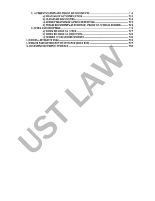 2. AUTHENTICATION AND PROOF OF DOCUMENTS....................................................................718
a) MEANING OF AUTHENTICATION ............................................................................... 718
b) CLASSES OF DOCUMENTS............................................................................................. 718
c) AUTHENTICATION OF A PRIVATE WRITING ......................................................... 719
d) PUBLIC DOCUMENTS AS EVIDENCE; PROOF OF OFFICIAL RECORD............. 721
3. OFFER AND OBJECTION......................................................................................................................725
a) WHEN TO MAKE AN OFFER ......................................................................................... 727
b) WHEN TO MAKE AN OBJECTION................................................................................ 728
c) TENDER OF EXCLUDED EVIDENCE............................................................................ 730
I. JUDICIAL AFFIDAVIT RULE........................................................................................................................ 732
J. WEIGHT AND SUFFICIENCY OF EVIDENCE (RULE 133) ................................................................... 737
K. RULES ON ELECTRONIC EVIDENCE ....................................................................................................... 750
 