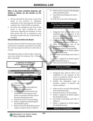 REMEDIAL LAW
142
UNIV ERSITY OF SANTO TOMAS
2023 GOLDEN NOTES
Effect if the Party examined Requests and
obtains a Report on the Results of the
Examination
1. He has to furnish the other party a copy of the
report of any previous or subsequent
examination of the same physical and mental
condition; (Sec. 3, Rule 28, ROC, as amended)
2. He waives any privilege he may have in that
action or any other involving the same
controversy regarding the testimony of every
other person who has so examined or may
thereafter examine him. (Sec. 4, Rule 28, ROC, as
amended)
Effect of Refusal to Deliver the Report
If a party refuses to deliver the report upon request
to the person causing the examination to be made,
the court may require its delivery on such terms as
are just.
If the physician refuses or fails to make a report, the
court may exclude his testimony. (Sec. 3, Rule 28,
ROC, as amended)
8. Strike out all or any part of the pleading
of the disobedient party;
9. Stay further proceedings until order is
obeyed; or
10. Order the arrest of the refusing party.
REFUSAL TO PRODUCE DOCUMENT
OR THING FOR INSPECTION,
COPYING OR PHOTOGRAPHING
1. Designated facts shall be taken to be
established for the purposes of the
action in accordance with the claim of
the party obtaining the order;
2. Refuse to allow the disobedient party to
support or oppose claims or defenses;
3. Strike out all or any part of the
pleading of the disobedient party;
4. Dismiss the action or the proceeding;
5. Render a judgment by default against
the disobedient party;
6. Stay further proceedings until order is
obeyed;
7. Render a judgment by default against
the disobedient party; or
8. Order the arrest of the refusing party.
6. REFUSAL TO COMPLY
WITH MODES OF DISCOVERY
(RULE 29) REFUSAL TO SUBMIT
TO PHYSICAL OR MENTAL EXAMINATION
CONSEQUENCES OF REFUSAL TO COMPLY
WITH MODES OF DISCOVERY 1. Designated facts shall be taken to be
established for the purposes of the
action in accordance with the claim of
the party obtaining the order;
2. Prohibit the disobedient party to
introduce evidence of physical and
mental conditions;
REFUSAL TO ANSWER ANY QUESTION
UPON ORAL EXAMINATION
1. Order to compel an answer;
2. Contempt;
3. Require payment of reasonable fees
incurred by the proponent;
4. Designated facts shall be taken to be
established for the purposes of the
action in accordance with the claim of
the party obtaining the order.
5. Dismiss the action or the proceeding;
6. Render a judgment by default against
the disobedient party;
7. Refuse to allow the disobedient party to
support or oppose claims or defenses;
3. Strike out all or any part of the pleading
of the disobedient party;
4. Dismiss the action or the proceeding;
5. Render a judgment by default against
the disobedient party;
6. Stay further proceedings until order is
obeyed; or
7. Render a judgment by default against
the disobedient party.
REFUSAL TO THE REQUEST
 