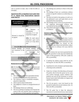 III. CIVIL PROCEDURE
177 UNIV ERSITY OF SANTO TOMAS
FACULTY OF CIVIL LAW
case to exceed 15 days. (Sec. 4, Rule 43, ROC, as
amended)
Appeal from RTC as Appellate Court under Rule
42 vs. Appeal from Quasi-Judicial Agencies
under Rule 43
RTC AS APPELLATE
COURT (Rule 42)
APPEAL FROM
QUASI-JUDICIAL
AGENCIES (Rule 43)
As to Effect
Decision is stayed by
an appeal.
GR: Decision is
immediately
executory. It is not
stayed by an appeal.
XPN: CA shall direct
otherwise upon such
terms as it may deem
just.
As to the Effect of the Factual Findings
Factual findings are Factual findings are
not conclusive to the conclusive upon the CA
CA. if supported by
substantial evidence.
Review by SC on the findings of fact of the CA
GR: CA’s findings of fact are final and conclusive and
cannot be reviewed on appeal to the SC. (Natividad
v. MTRCB, G.R. No. 161422, 13 Dec. 2007)
XPNs:
1. The conclusion of the CA is grounded entirely
on speculations, surmises and conjectures;
2. The inference made is manifestly mistaken,
absurd or impossible;
3. There is grave abuse of discretion;
4. The judgment is based on misapprehension of
facts;
5. The findings of facts are conflicting;
6. The CA in making its findings went beyond the
issues of the case and the same is contrary to
the admissions of both appellant and appellee;
7. The findings are contrary to those of the trial
court;
8. The findings of facts are conclusions without
citation of specific evidence on which they are
based;
9. The facts set forth in the petition as well as in
the petitioner’s main and reply briefs are not
disputed by the respondents;
10. The findings of fact of the CA are premised on
the supposed absence of evidence and
contradicted by the evidence on record; or
11. Those filed under Writs of amparo, habeas data,
or kalikasan.
Instances where the CA may act as a Trial Court
(2008 BAR)
1. In annulment of judgment under Secs. 5 and 6,
Rule 47. Should the CA find prima facie merit in
the petition, the same shall be given due course
and summons shall be served on the
respondent, after which trial will follow, where
the procedure in ordinary civil cases shall be
observed;
2. When a motion for new trial is granted by the
CA, the procedure in the new trial shall be the
same as that granted by a RTC (Sec. 4, Rule 53,
ROC, as amended);
3. A petition for habeas corpus shall be set for
hearing (Sec. 12, Rule 102, ROC, as amended);
4. In petition for writs of amparo and habeas data,
a hearing can be conducted;
5. Under Sec. 12, Rule 124 of the Rules of Criminal
Procedure, the CA has the power to try cases
and conduct hearings, receive evidence and
perform any and all acts necessary to resolve
factual issues which fall within its original and
appellate jurisdiction;
6. The CA can grant a new trial based on the
ground of newly-discovered evidence (Sec. 14,
Rule 124, ROC, as amended);
7. The CA under Sec. 6, Rule 46, whenever
necessary to resolve factual issues, may conduct
(5) APPEALS BY CERTIORARI
TO THE SUPREME COURT
(RULE 45)
 