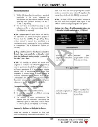III. CIVIL PROCEDURE
185 UNIV ERSITY OF SANTO TOMAS
FACULTY OF CIVIL LAW
When to File Petition
1. Within 60 days after the petitioner acquired
knowledge of the order, judgment, or
proceedings and not from the date he actually
read the same. (Perez v. Araneta, G.R. No. L-
11788, 16 May 1958)
2. Not more than 6 months from entry of such
judgment, order or other proceeding. (Sec. 3,
Rule 38, ROC, as amended)
NOTE: These two periods must concur and are also
not extendible and never interrupted. (Quijano v.
Tameta, G.R. No. L-16473, 20 Apr. 1961) These
periods cannot be subject to a condition or a
contingency as they are devised to meet a condition
or a contingency. (Vda. De Salvatierra v. Garlitos, 103
Phil. 157)
Q: May a defendant who has been declared in
default right away avail of a petition for relief
from the judgment subsequently rendered in
the case? (2007 BAR)
A: NO. The remedy of petition for relief from
judgment is available only when the judgment or
order in question is already final and executory, i.e.,
no longer appealable. It is an equitable remedy
allowed only in exceptional cases from final
judgments or orders where no other remedy is
available. (Palmares, et al. v. Jimenez, et al., G.R. No.
L-4513, 31 Jan. 1952) It will not be entertained when
the proper remedy is appeal or certiorari. (Fajardo
v. Bayona, et al., G.R. No. L-8314, 23 Mar. 1956)
Form and Contents of Petition for Relief
1. The petition for relief must be verified;
2. It must be supported by affidavit showing
FAME relied upon; and
3. The affidavit of merit accompanying the
petition must also show facts constituting the
petitioner’s good or substantial cause of action
or defense. (Sec. 3, Rule 38, ROC, as amended)
Issuance by the Court of the Order to Answer
When the petition is sufficient in form and
substance to justify relief, the court in which it is
filed, shall issue an order requiring the adverse
parties to answer the same within 15 days from the
receipt thereof. (Sec. 4, Rule 38, ROC, as amended)
NOTE: The order shall be served in such manner as
the court may direct, together with copies of the
petition and the accompanying affidavits. (Ibid.)
Motion for New Trial/Reconsideration vs.
Petition for Relief from Judgment (1990 BAR)
MOTION
FOR NEW TRIAL /
RECONSIDERATION
Rule 37
PETITION FOR
RELIEF FROM
JUDGMENT
Rule 38
As to Availability
Available before
judgment becomes final
and executory.
Available after
judgment has become
final and executory.
As to Applicability
Applies to judgments or
final orders only.
Applies to judgments,
final orders and other
proceedings.
 