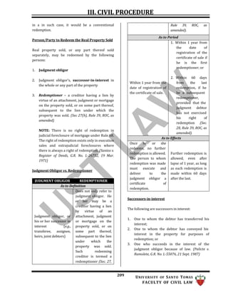 III. CIVIL PROCEDURE
209 UNIV ERSITY OF SANTO TOMAS
FACULTY OF CIVIL LAW
in a in such case, it would be a conventional
redemption.
Person/Party to Redeem the Real Property Sold
Real property sold, or any part thereof sold
separately, may be redeemed by the following
persons:
1. Judgment obligor
2. Judgment obligor’s, successor-in-interest in
the whole or any part of the property
3. Redemptioner – a creditor having a lien by
virtue of an attachment, judgment or mortgage
on the property sold, or on some part thereof,
subsequent to the lien under which the
property was sold. (Sec 27(b), Rule 39, ROC, as
amended)
NOTE: There is no right of redemption in
judicial foreclosure of mortgage under Rule 68.
The right of redemption exists only in execution
sales and extrajudicial foreclosures where
there is always a right of redemption. (Santos v.
Register of Deeds, G.R. No. L-26752, 19 Mar.
1971)
Judgment Obligor vs. Redemptioner
Rule 39, ROC, as
amended).
As to Period
1. Within 1 year from
the date of
registration of the
certificate of sale if
he is the first
redemptioner; or
Within 1 year from the
date of registration of
the certificate of sale.
2. Within 60 days
from the last
redemption, if he
be a subsequent
redemptioner,
provided that the
judgment debtor
has not exercised
his right of
redemption (Sec.
28, Rule 39, ROC, as
amended).
As to Effects
Once he or she
redeems, no further
redemption is allowed. Further redemption is
The person to whom allowed, even after
redemption was made lapse of 1 year, as long
must execute and as each redemption is
deliver to the made within 60 days
judgment obligor a after the last.
certificate of
redemption.
Successors-in-interest
The following are successors in interest:
1. One to whom the debtor has transferred his
interest;
2. One to whom the debtor has conveyed his
interest in the property for purposes of
redemption; or
3. One who succeeds in the interest of the
judgment obligor because of law. (Palicte v.
Ramolete, G.R. No. L-55076, 21 Sept. 1987)
JUDGMENT OBLIGOR REDEMPTIONER
As to Definition
Does not only refer to
judgment obligor. He
or her may be a
creditor having a lien
by virtue of an
Judgment obligor, or attachment, judgment
his or her successor in or mortgage on the
interest (e.g., property sold, or on
transferee, assignee, some part thereof,
heirs, joint debtors) subsequent to the lien
under which the
property was sold.
Such redeeming
creditor is termed a
redemptioner (Sec. 27,
 