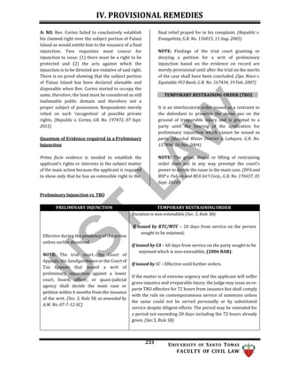IV. PROVISIONAL REMEDIES
233 UNIV ERSITY OF SANTO TOMAS
FACULTY OF CIVIL LAW
A: NO. Rev. Cortez failed to conclusively establish
his claimed right over the subject portion of Palaui
Island as would entitle him to the issuance of a final
injunction. Two requisites must concur for
injunction to issue: (1) there must be a right to be
protected and (2) the acts against which the
injunction is to be directed are violative of said right.
There is no proof showing that the subject portion
of Palaui Island has been declared alienable and
disposable when Rev. Cortez started to occupy the
same, therefore, the land must be considered as still
inalienable public domain and therefore not a
proper subject of possession. Respondents merely
relied on such ‘recognition’ of possible private
rights. (Republic v. Cortez, GR. No. 197472, 07 Sept.
2015)
Quantum of Evidence required in a Preliminary
Injunction
Prima facie evidence is needed to establish the
applicant’s rights or interests in the subject matter
of the main action because the applicant is required
to show only that he has an ostensible right to the
final relief prayed for in his complaint. (Republic v.
Evangelista, G.R. No. 156015, 11 Aug. 2005)
NOTE: Findings of the trial court granting or
denying a petition for a writ of preliminary
injunction based on the evidence on record are
merely provisional until after the trial on the merits
of the case shall have been concluded. (Sps. Nisce v.
Equitable-PCI Bank, G.R. No. 167434, 19 Feb. 2007)
TEMPORARY RESTRAINING ORDER (TRO)
It is an interlocutory order issued as a restraint to
the defendant to preserve the status quo on the
ground of irreparable injury and is granted to a
party until the hearing of the application for
preliminary injunction which cannot be issued ex
parte. (Bacolod Water District v. Labayen, G.R. No.
157494, 10 Dec. 2004)
NOTE: The grant, denial or lifting of restraining
order does not in any way preempt the court’s
power to decide the issue in the main case. (DFA and
BSP v. Falcon and BCA Int’l Corp., G.R. No. 176657, 01
Sept. 2010)
Preliminary Injunction vs. TRO
PRELIMINARY INJUNCTION TEMPORARY RESTRAINING ORDER
Effective during the pendency of the action
unless earlier dissolved
NOTE: The trial court, the Court of
Appeals, the Sandiganbayan or the Court of
Tax Appeals that issued a writ of
preliminary injunction against a lower
court, board, officer, or quasi-judicial
agency shall decide the main case or
petition within 6 months from the issuance
of the writ. (Sec. 5, Rule 58, as amended by
A.M. No. 07-7-12-SC)
Duration is non-extendible (Sec. 5, Rule 58):
If issued by RTC/MTC – 20 days from service on the person
sought to be enjoined;
If issued by CA – 60 days from service on the party sought to be
enjoined which is non-extendible, (2006 BAR);
If issued by SC – Effective until further orders.
If the matter is of extreme urgency and the applicant will suffer
grave injustice and irreparable injury, the judge may issue an ex-
parte TRO effective for 72 hours from issuance but shall comply
with the rule on contemporaneous service of summons unless
the same could not be served personally or by substituted
service despite diligent efforts. The period may be extended for
a period not exceeding 20 days including the 72 hours already
given. (Sec.5, Rule 58)
 