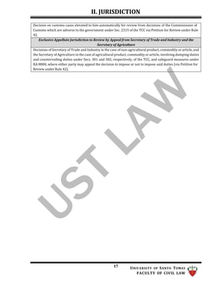 II. JURISDICTION
17 UNIV ERSITY OF SANTO TOMAS
FACULTY OF CIVIL LAW
Decision on customs cases elevated to him automatically for review from decisions of the Commissioner of
Customs which are adverse to the government under Sec. 2315 of the TCC via Petition for Review under Rule
42.
Exclusive Appellate Jurisdiction to Review by Appeal from Secretary of Trade and Industry and the
Secretary of Agriculture
Decisions of Secretary of Trade and Industry in the case of non-agricultural product, commodity or article, and
the Secretary of Agriculture in the case of agricultural product, commodity or article, involving dumping duties
and countervailing duties under Secs. 301 and 302, respectively, of the TCC, and safeguard measures under
RA 8800, where either party may appeal the decision to impose or not to impose said duties (via Petition for
Review under Rule 42).
 
