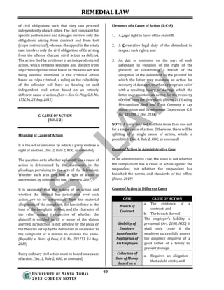 REMEDIAL LAW
40
UNIV ERSITY OF SANTO TOMAS
2023 GOLDEN NOTES
of civil obligations such that they can proceed
independently of each other. The civil complaint for
specific performance and damages involves only the
obligations arising from contract and from tort
(culpa contractual), whereas the appeal in the estafa
case involves only the civil obligations of Co arising
from the offense charged (civil action ex delicto).
The action filed by petitioner is an independent civil
action, which remains separate and distinct from
any criminal prosecution based on the same act. Not
being deemed instituted in the criminal action
based on culpa criminal, a ruling on the culpability
of the offender will have no bearing on said
independent civil action based on an entirely
different cause of action. (Lim v. Kou Co Ping, G.R. No.
175256, 23 Aug. 2012)
C. CAUSE OF ACTION
(RULE 2)
Meaning of Cause of Action
It is the act or omission by which a party violates a
right of another. (Sec. 2, Rule 2, ROC, as amended)
The question as to whether a plaintiff has a cause of
action is determined by the averments in the
pleadings pertaining to the acts of the defendant.
Whether such acts give him a right of action is
determined by substantive law. (Herrera, 2007)
It is axiomatic that the nature of an action and
whether the tribunal has jurisdiction over such
action are to be determined from the material
allegations of the complaint, the law in force at the
time of the complaint is filed, and the character of
the relief sought irrespective of whether the
plaintiff is entitled to all or some of the claims
averred. Jurisdiction is not affected by the pleas or
the theories set up by the defendant in an answer to
the complaint or a motion to dismiss the same.
(Republic v. Heirs of Paus, G.R. No. 201273, 14 Aug.
2019)
Every ordinary civil action must be based on a cause
of action. (Sec. 1, Rule 2, ROC, as amended)
Elements of a Cause of Action (L-C-A)
1. A Legal right in favor of the plaintiff;
2. A Correlative legal duty of the defendant to
respect such rights; and
3. An Act or omission on the part of such
defendant in violation of the right of the
plaintiff; or constituting a breach of the
obligation of the defendant to the plaintiff for
which the latter may maintain an action for
recovery of damages or other appropriate relief
with a resulting injury or damage which the
latter may maintain an action for the recovery
of relief from the defendant. (Riano, 2019, citing
Metropolitan Bank and Trust Company v. Ley
Construction and Development Corporation, G.R.
No. 185590, 3 Dec. 2014)
NOTE: A party may not institute more than one suit
for a single cause of action. Otherwise, there will be
splitting of a single cause of action, which is
prohibited. (Sec.4, Rule 2, ROC, as amended)
Cause of Action in Administrative Case
In an administrative case, the issue is not whether
the complainant has a cause of action against the
respondent, but whether the respondent has
breached the norms and standards of the office.
(Riano, 2019)
Cause of Action in Different Cases
CASE CAUSE OF ACTION
Breach of
Contract
a. The existence of a
contract; and
b. The breach thereof.
Liability of
Employer
based on the
Negligence of
his Employee
The employer’s liability is
presumed. (Art. 2180, NCC) It
shall only cease if the
employer successfully proves
the diligence required of a
good father of a family to
prevent damage.
Collection of
Sum of Money
based on a
a. Requires an allegation
that a debt exists; and
 