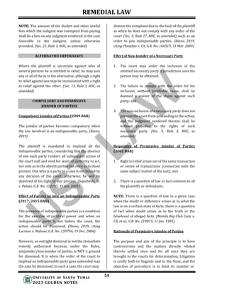 REMEDIAL LAW
54
UNIV ERSITY OF SANTO TOMAS
2023 GOLDEN NOTES
COMPULSORY AND PERMISSIVE
JOINDER OF PARTIES
NOTE: The amount of the docket and other lawful
fees which the indigent was exempted from paying
shall be a lien on any judgment rendered in the case
favorable to the indigent, unless otherwise
provided. (Sec. 21, Rule 3, ROC, as amended)
ALTERNATIVE DEFENDANTS
Where the plaintiff is uncertain against who of
several persons he is entitled to relief, he may join
any or all of the m in the alternative, although a right
to relief against one may be inconsistent with a right
to relief against the other. (Sec. 13, Rule 3, ROC, as
amended)
Compulsory Joinder of Parties (2009 BAR)
The joinder of parties becomes compulsory when
the one involved is an indispensable party. (Riano,
2019)
The plaintiff is mandated to implead all the
indispensable parties, considering that the absence
of one such party renders all subsequent action of
the court null and void for want of authority to act,
not only as to the absent parties but even as to those
present. One who is a party to a case is not bound by
any decision of the court; otherwise, he will be
deprived of his right to due process. (Sepulveda, Sr.
v. Pelaez, G.R. No. 152195, 31 Jan. 2005)
Effect of Failure to join an Indispensable Party
(2017, 2015 BAR)
The presence of indispensable parties is a condition
for the exercise of juridical power and when an
indispensable party is not before the court, the
action should be dismissed. (Riano, 2019, citing
Lucman v. Malawi, G.R. No. 159794, 19 Dec. 2006)
However, an outright dismissal is not the immediate
remedy authorized because, under the Rules,
misjoinder/non-joinder of parties is NOT a ground
for dismissal. It is when the order of the court to
implead an indispensable party goes unheeded may
the case be dismissed. In such a case, the court may
dismiss the complaint due to the fault of the plaintiff
as when he does not comply with any order of the
court (Sec. 3, Rule 17, ROC, as amended) such as an
order to join indispensable parties. (Riano, 2019,
citing Plasabas v. CA, G.R. No. 166519, 31 Mar. 2009)
Effect of Non-Joinder of a Necessary Party
1. The court may order the inclusion of the
omitted necessary party if jurisdiction over his
person may be obtained;
2. The failure to comply with the order for his
inclusion, without justifiable cause, shall be
deemed a waiver of the claim against such
party; and
3. The non-inclusion of a necessary party does not
prevent the court from proceeding in the action,
and the judgment rendered therein shall be
without prejudice to the rights of such
necessary party. (Sec. 9, Rule 3, ROC, as
amended)
Requisites of Permissive Joinder of Parties
(2002 BAR)
1. Right to relief arises out of the same transaction
or series of transactions (connected with the
same subject matter of the suit); and
2. There is a question of law or fact common to all
the plaintiffs or defendants.
NOTE: There is a question of law in a given case
when the doubt or difference arises as to what the
law is on a certain state of facts; there is a question
of fact when doubt arises as to the truth or the
falsehood of alleged facts. (Manila Bay Club Corp. v.
CA, et al., G.R. No. 110015, 11 Jan. 1995)
Rationale of Permissive Joinder of Parties
The purpose and aim of the principle is to have
controversies and the matters directly related
thereto settled once and for all once they are
brought to the courts for determination. Litigation
is costly both to litigants and to the State, and the
objective of procedure is to limit its number or
 