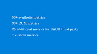 50+ synthetic metrics
30+ RUM metrics
25 additional metrics for EACH third party
∞ custom metrics
 