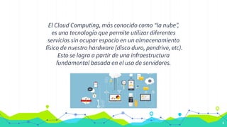El Cloud Computing, más conocido como “la nube”,
es una tecnología que permite utilizar diferentes
servicios sin ocupar es...