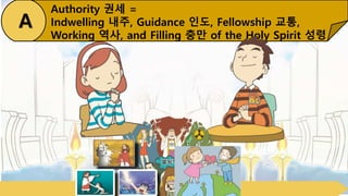 Authority 권세 =
Indwelling 내주, Guidance 인도, Fellowship 교통,
Working 역사, and Filling 충만 of the Holy Spirit 성령
A
 