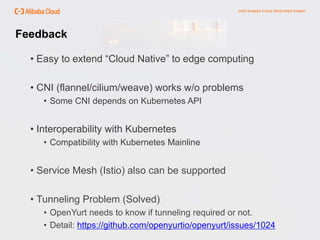Feedback
• Easy to extend “Cloud Native” to edge computing
• CNI (flannel/cilium/weave) works w/o problems
• Some CNI depends on Kubernetes API
• Interoperability with Kubernetes
• Compatibility with Kubernetes Mainline
• Service Mesh (Istio) also can be supported
• Tunneling Problem (Solved)
• OpenYurt needs to know if tunneling required or not.
• Detail: https://github.com/openyurtio/openyurt/issues/1024
 